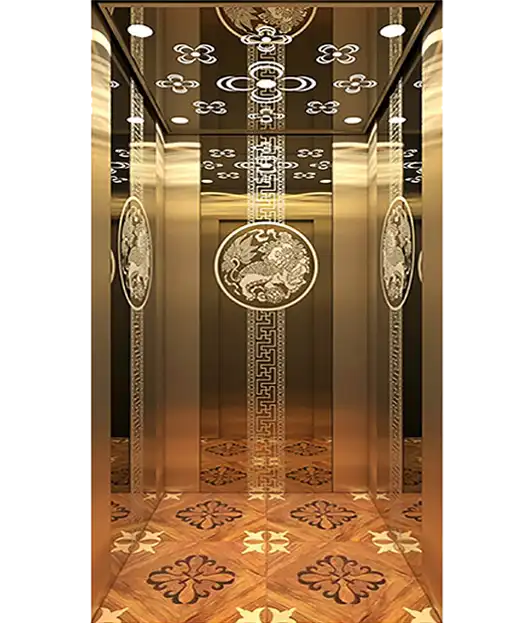 A stylish home lift with sophisticated gold and silver accents, designed for a villa interior.